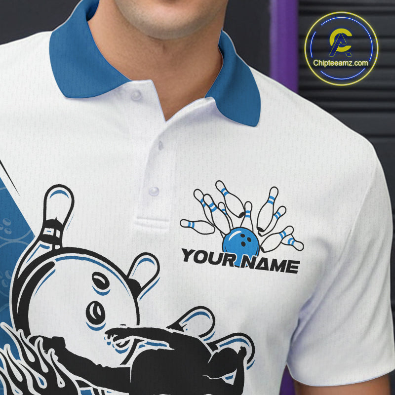 Cusom Blue Strike Bowling Team Polo Shirts For Men, Bowling League Shirt Bowlers Outfit IPHW9260