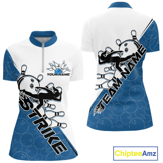 Cusom Blue Strike Bowling Team Women Quarter-Zip Shirt, Bowling League Bowler Outfit IPHW9260