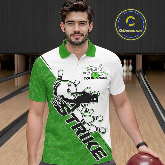 Cusom Green Strike Bowling Team Polo Shirts For Men, Bowling League Shirt Bowlers Outfit IPHW9261