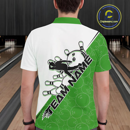 Cusom Green Strike Bowling Team Polo Shirts For Men, Bowling League Shirt Bowlers Outfit IPHW9261