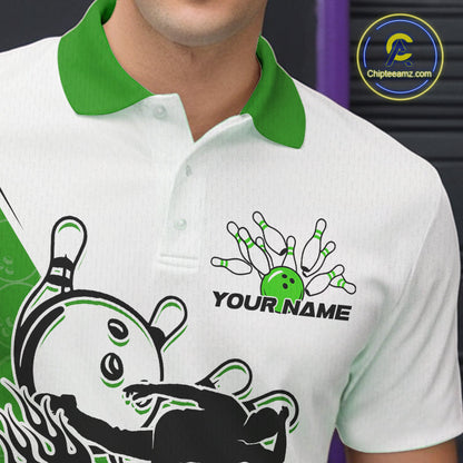 Cusom Green Strike Bowling Team Polo Shirts For Men, Bowling League Shirt Bowlers Outfit IPHW9261