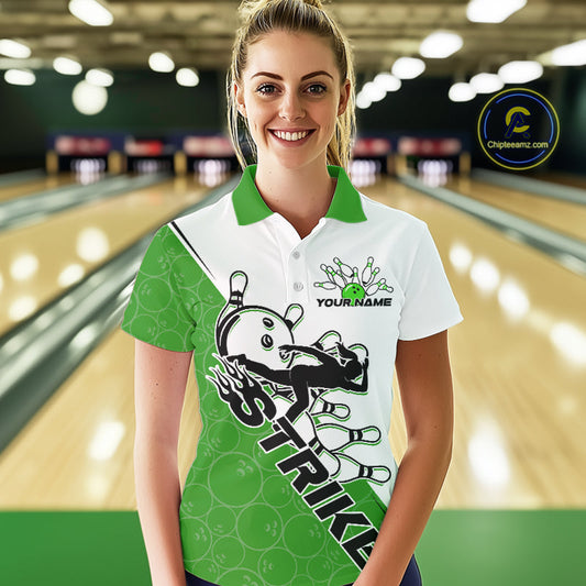 Cusom Green Strike Bowling Team Polo Shirt For Women, Bowling League Shirt Bowlers Outfit IPHW9261