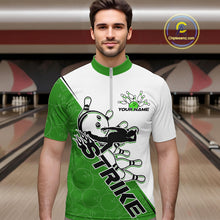 Load image into Gallery viewer, Cusom Green Strike Bowling Team Quarter-Zip Shirts For Men, Bowling League Shirt Bowlers Outfit IPHW9261