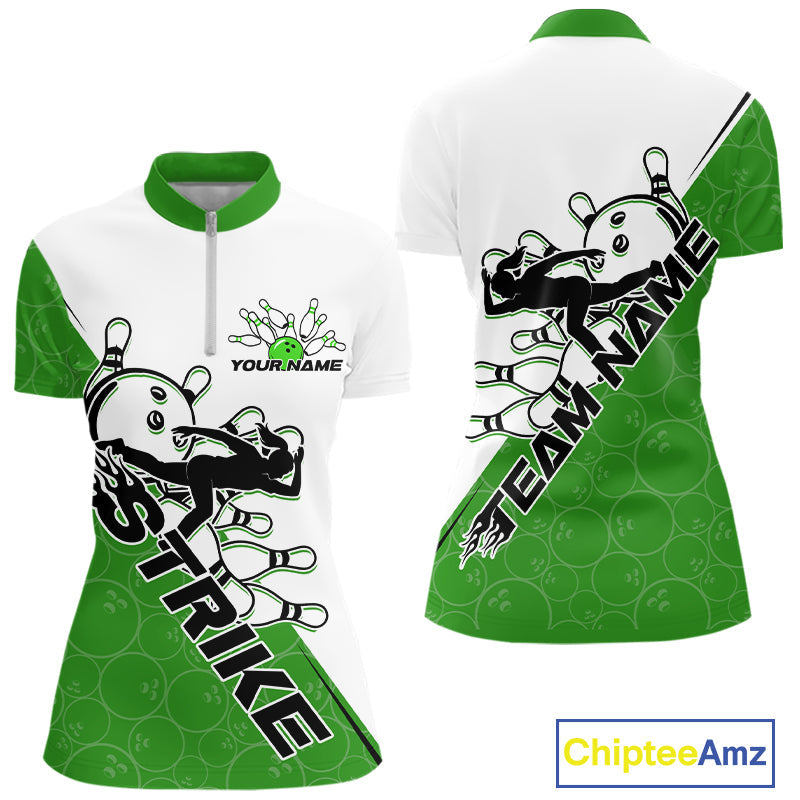 Cusom Green Strike Bowling Team Women Quarter-Zip Shirt, Bowling League Bowler Outfit IPHW9261