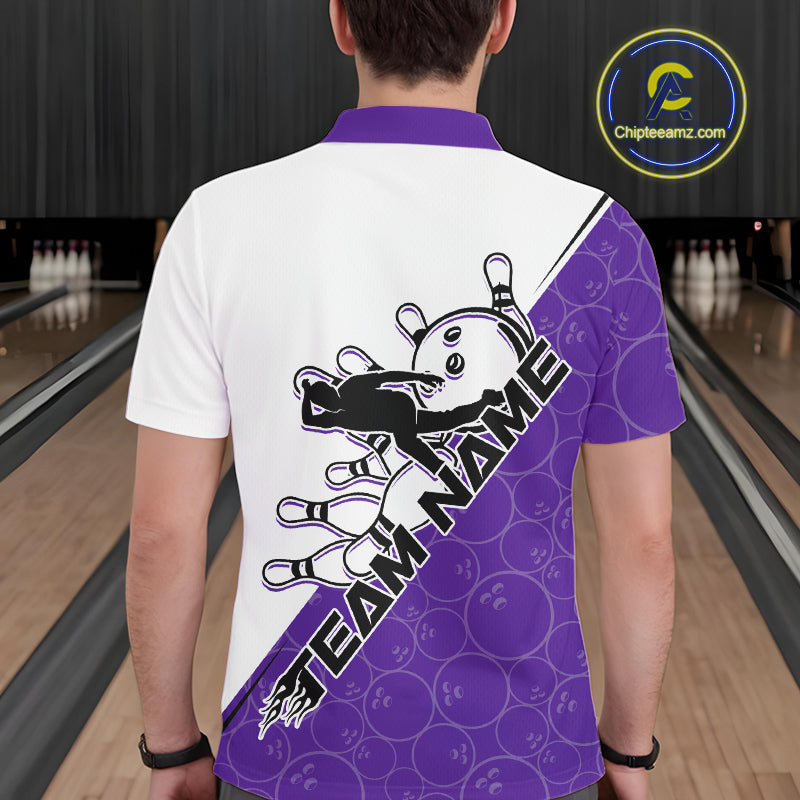 Cusom Purple Strike Bowling Team Polo Shirts For Men, Bowling League Shirt Bowlers Outfit IPHW9262
