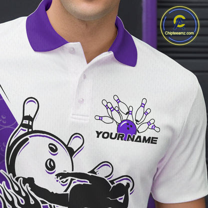 Cusom Purple Strike Bowling Team Polo Shirts For Men, Bowling League Shirt Bowlers Outfit IPHW9262