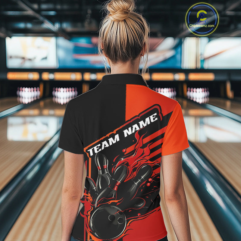 Custom Red Orange Flame Strike Bowling Polo Shirts For Women, Fire Bowling League Shirt IPHW9267