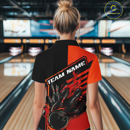 Custom Red Orange Flame Strike Bowling Women Quarter-Zip Shirt, Fire Bowling League Shirt IPHW9267