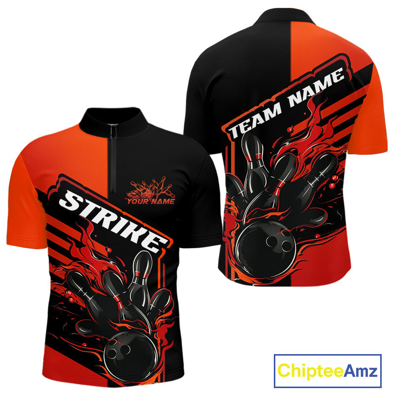 Custom Red Orange Flame Strike Bowling Quarter-Zip Shirts For Men, Fire Bowling League Shirt IPHW9267
