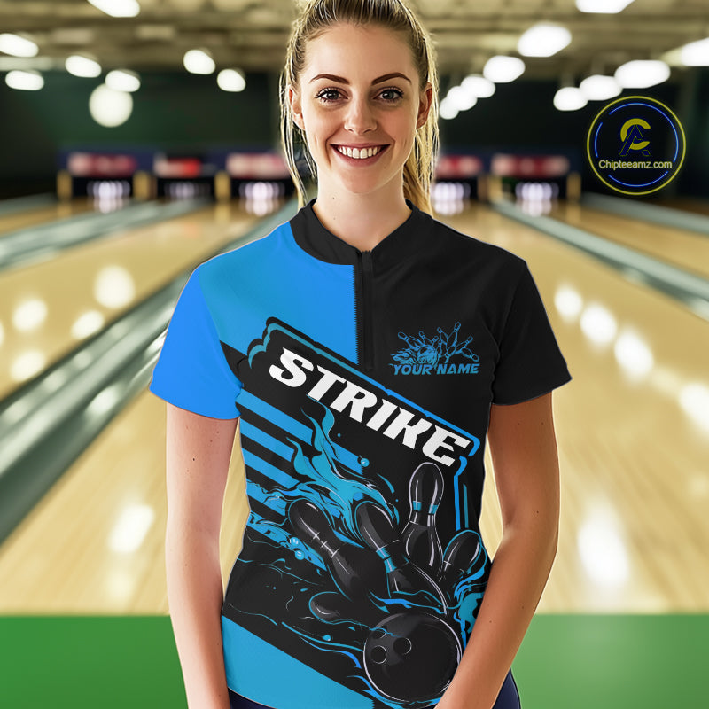 Custom Black And Blue Flame Strike Bowling Women Quarter-Zip Shirt, Bowling League Shirt IPHW9268