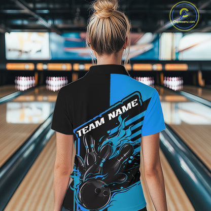 Custom Black And Blue Flame Strike Bowling Women Quarter-Zip Shirt, Bowling League Shirt IPHW9268