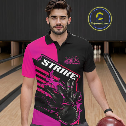 Custom Black And Pink Flame Strike Bowling Polo Shirts For Men, Fire Bowling League Shirt IPHW9269
