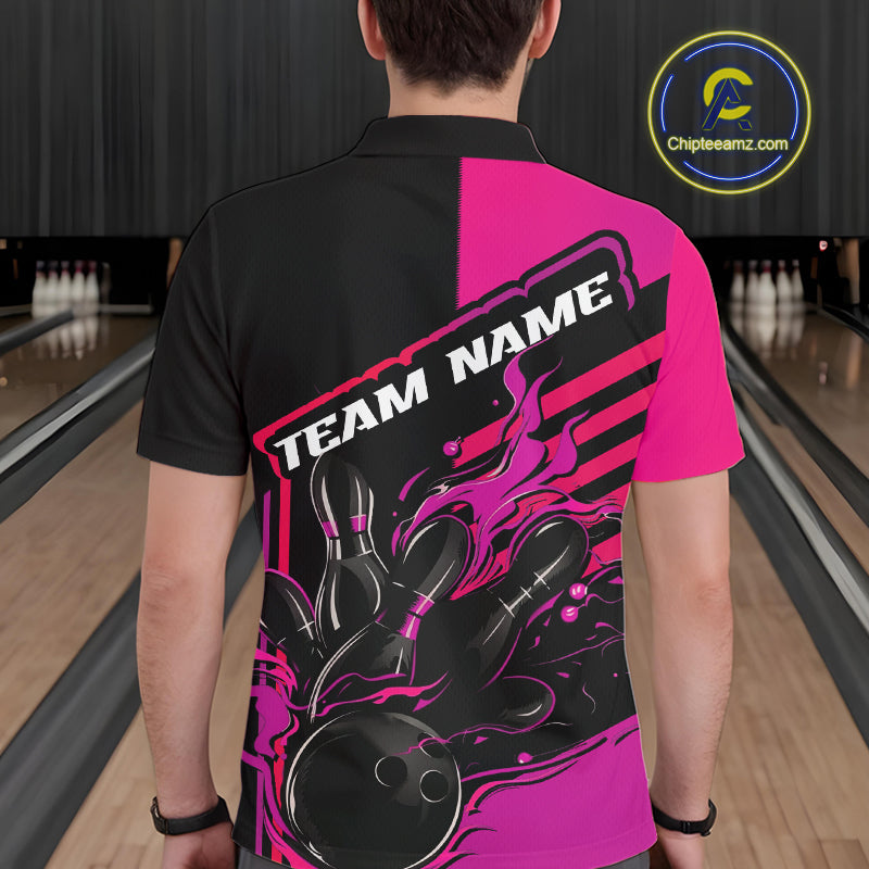 Custom Black And Pink Flame Strike Bowling Polo Shirts For Men, Fire Bowling League Shirt IPHW9269