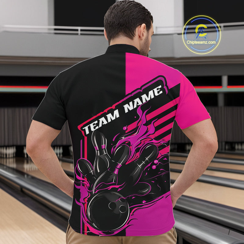 Custom Black And Pink Flame Strike Bowling Quarter-Zip Shirts For Men, Fire Bowling League Shirt IPHW9269