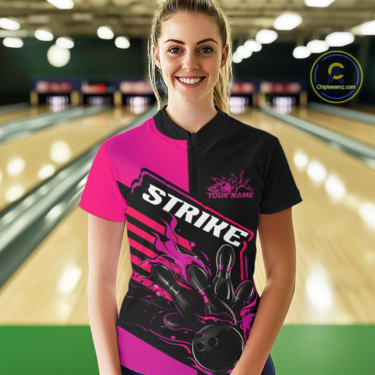 Custom Black And Pink Flame Strike Bowling Women Quarter-Zip Shirt, Bowling League Shirt IPHW9269