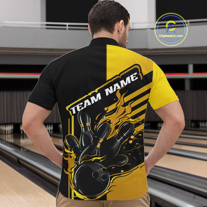 Custom Black And Gold Flame Strike Bowling Quarter-Zip Shirts For Men, Fire Bowling League Shirt IPHW9270