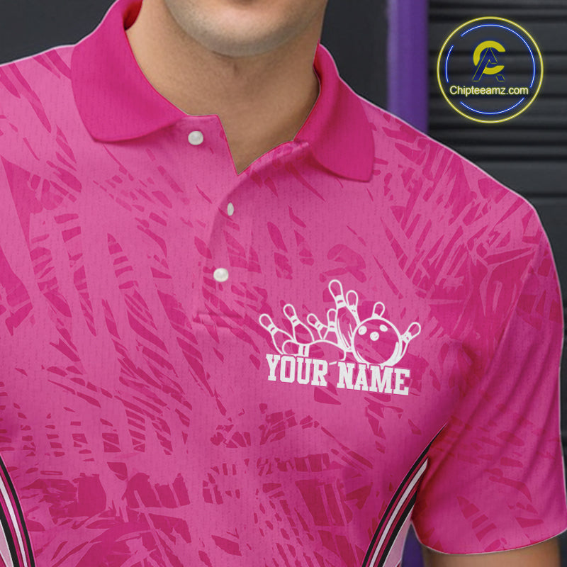 Custom Pink Camo Bowling Team Polo Shirts For Men, Bowling Jerseys Bowler Outfit IPHW9596