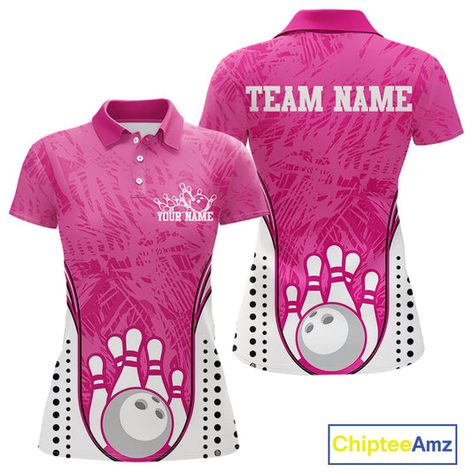 Custom Pink Camo Bowling Team Polo Shirts For Women, Bowling Jerseys Bowler Outfit IPHW9596