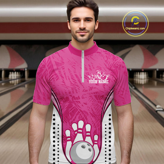 Custom Pink Camo Bowling Team Quarter-Zip Shirts For Men, Bowling Jerseys Bowler Outfit IPHW9596