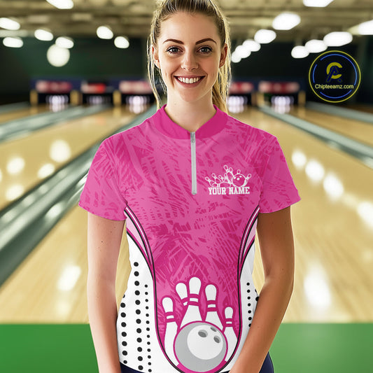 Custom Pink Camo Bowling Team Quarter-Zip Shirts For Women, Bowling Jerseys Bowler Outfit IPHW9596