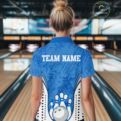 Custom Blue Camo Bowling Team Polo Shirts For Women, Bowling Jerseys Bowler Outfit IPHW9598