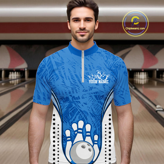 Custom Blue Camo Bowling Team Quarter-Zip Shirts For Men, Bowling Jerseys Bowler Outfit IPHW9598