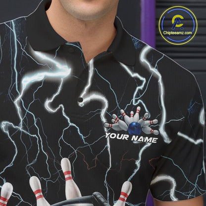 Custom Blue Thunder Lightning Grim Reaper Bowling Men Polo Shirt, Halloween Bowling Outfit IPHW9796