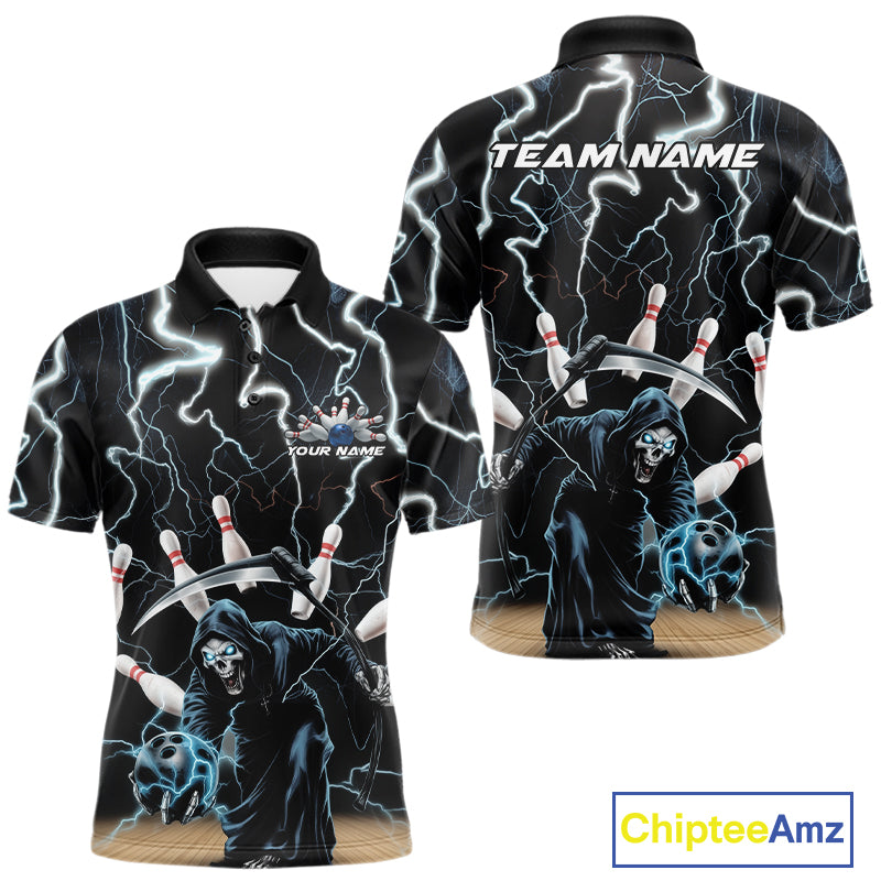 Custom Blue Thunder Lightning Grim Reaper Bowling Men Polo Shirt, Halloween Bowling Outfit IPHW9796