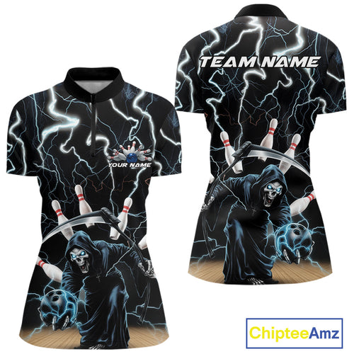 Custom Blue Lightning Grim Reaper Bowling Women Quarter-Zip Shirt, Halloween Outfit IPHW9796