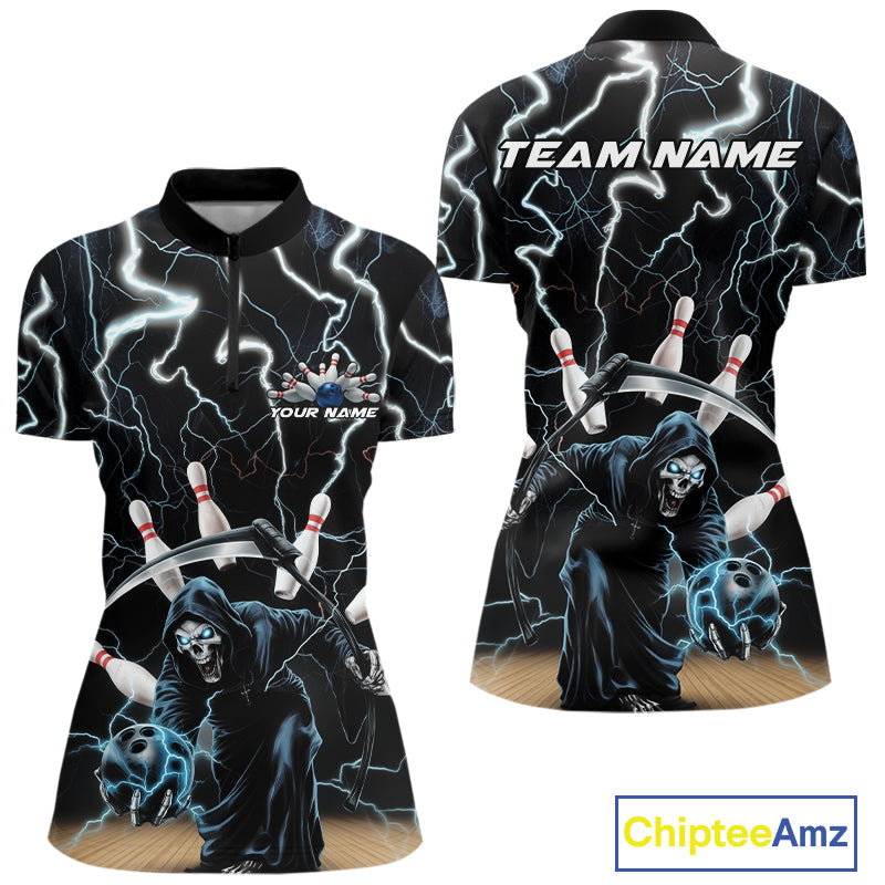 Custom Blue Lightning Grim Reaper Bowling Women Quarter-Zip Shirt, Halloween Outfit IPHW9796
