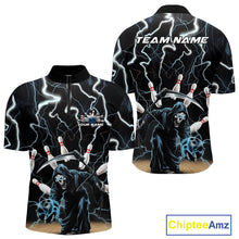 Load image into Gallery viewer, Custom Blue Thunder Lightning Grim Reaper Bowling Men Quarter-Zip Shirt, Halloween Bowling Outfit IPHW9796