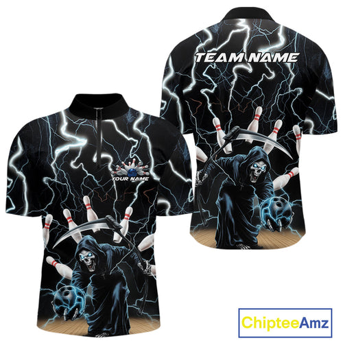 Custom Blue Thunder Lightning Grim Reaper Bowling Men Quarter-Zip Shirt, Halloween Bowling Outfit IPHW9796