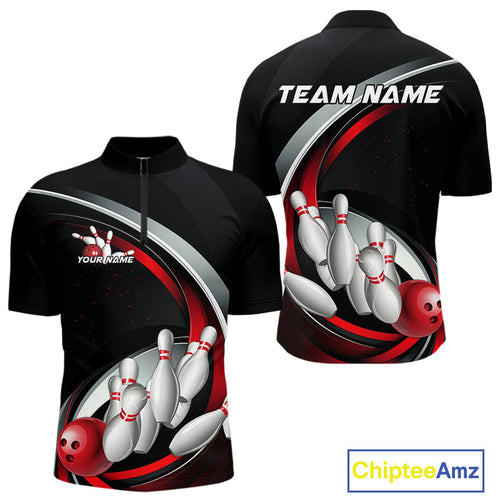 Custom Black And Red Bowling Team Jerseys, Bowler Uniform Bowling Quarter-Zip Shirts For Men IPHW9276