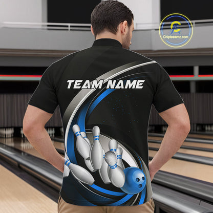 Custom Black Blue Bowling Team Jerseys, Bowler Uniform Bowling Quarter-Zip Shirts For Men IPHW9277