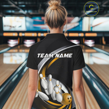 Custom Black Yellow Bowling Team Jerseys, Bowler Uniform Bowling Polo Shirts For Women IPHW9278