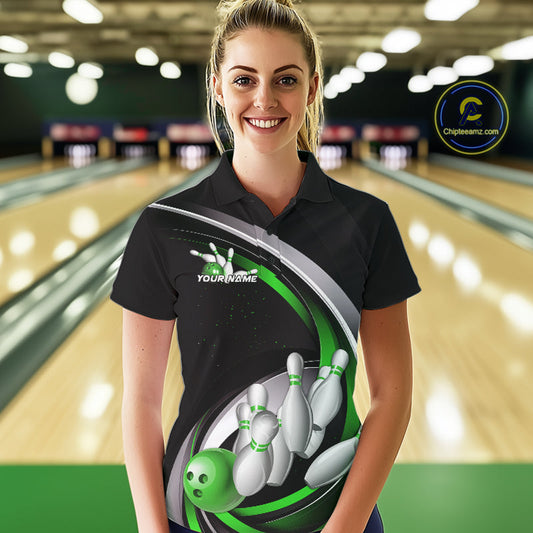 Custom Black Green Bowling Team Jerseys, Bowler Uniform Bowling Polo Shirts For Women IPHW9279