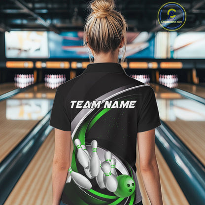 Custom Black Green Bowling Team Jerseys, Bowler Uniform Bowling Polo Shirts For Women IPHW9279