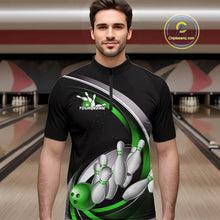 Load image into Gallery viewer, Custom Black Green Bowling Team Jerseys, Bowler Uniform Bowling Quarter-Zip Shirts For Men IPHW9279