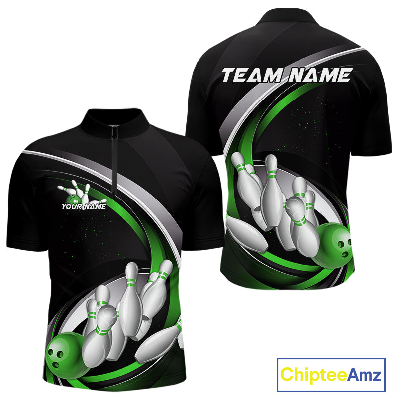 Custom Black Green Bowling Team Jerseys, Bowler Uniform Bowling Quarter-Zip Shirts For Men IPHW9279