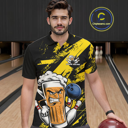 Custom Grunge Yellow Funny Bowling And Beer Polo Shirts For Men, Bowling Team Uniform IPHW9607