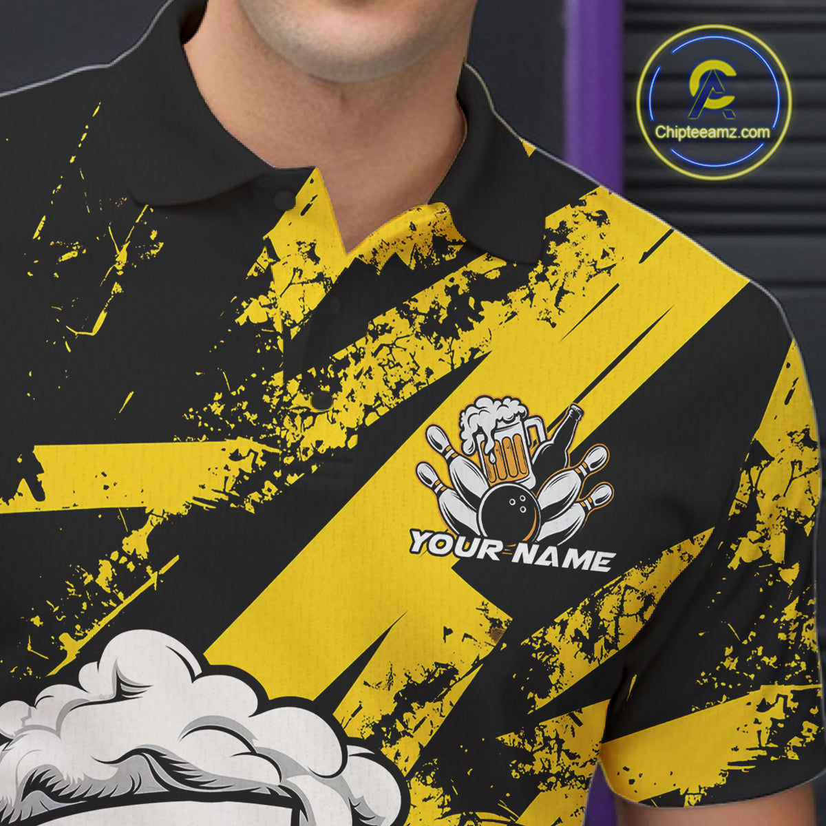 Custom Grunge Yellow Funny Bowling And Beer Polo Shirts For Men, Bowling Team Uniform IPHW9607