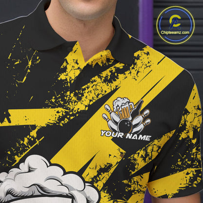 Custom Grunge Yellow Funny Bowling And Beer Polo Shirts For Men, Bowling Team Uniform IPHW9607
