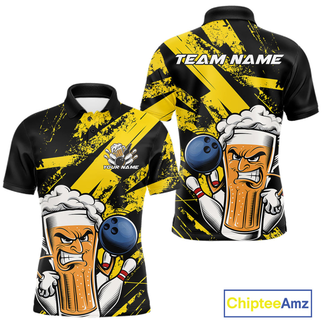 Custom Grunge Yellow Funny Bowling And Beer Polo Shirts For Men, Bowling Team Uniform IPHW9607