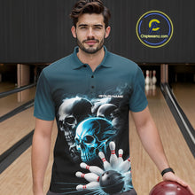 Load image into Gallery viewer, Custom Teal Blue Smoke Skull Bowling Polo Shirts For Men, Ghostly Halloween Bowling Outfit IPHW9519