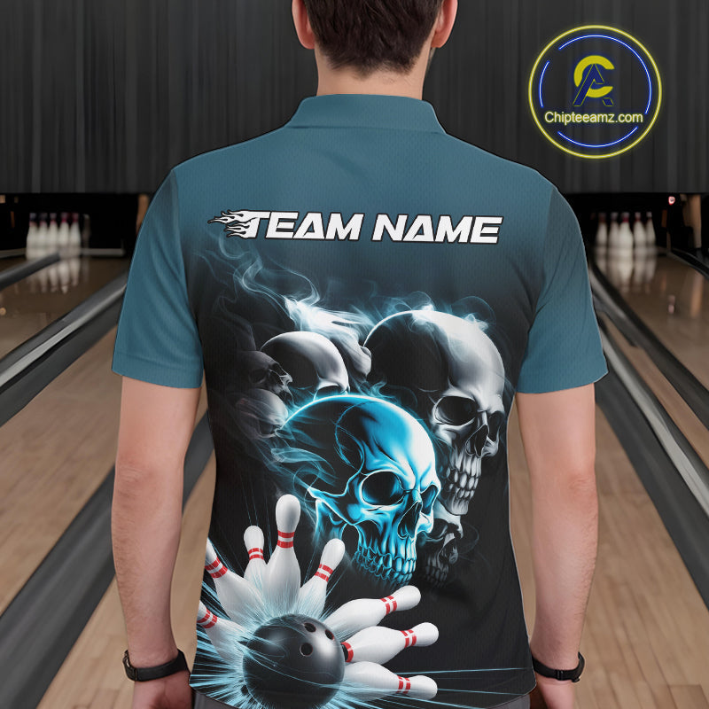 Custom Teal Blue Smoke Skull Bowling Polo Shirts For Men, Ghostly Halloween Bowling Outfit IPHW9519