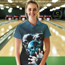 Load image into Gallery viewer, Custom Teal Blue Smoke Skull Bowling Women Polo Shirt, Ghostly Halloween Bowling Outfit IPHW9519