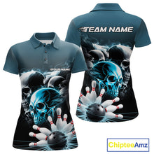 Load image into Gallery viewer, Custom Teal Blue Smoke Skull Bowling Women Polo Shirt, Ghostly Halloween Bowling Outfit IPHW9519