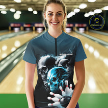 Load image into Gallery viewer, Custom Teal Blue Smoke Skull Bowling Women Quarter-Zip Shirt, Ghostly Halloween Outfit IPHW9519
