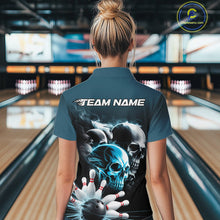 Load image into Gallery viewer, Custom Teal Blue Smoke Skull Bowling Women Quarter-Zip Shirt, Ghostly Halloween Outfit IPHW9519