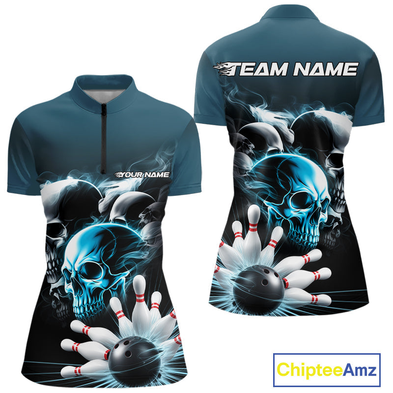 Custom Teal Blue Smoke Skull Bowling Women Quarter-Zip Shirt, Ghostly Halloween Outfit IPHW9519